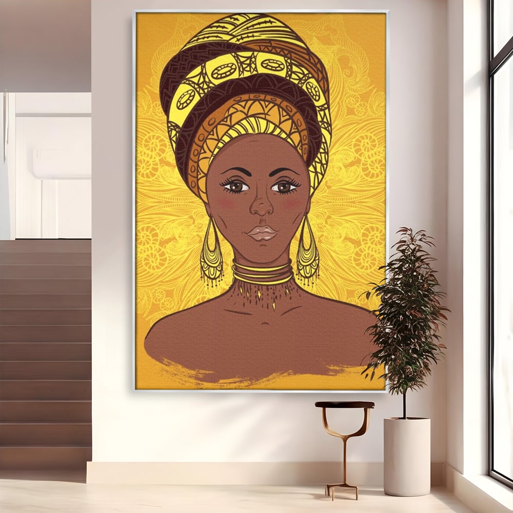 Tablou canvas cu ilustratie digitala cu femeie africana, in rama de aluminiu argintiu